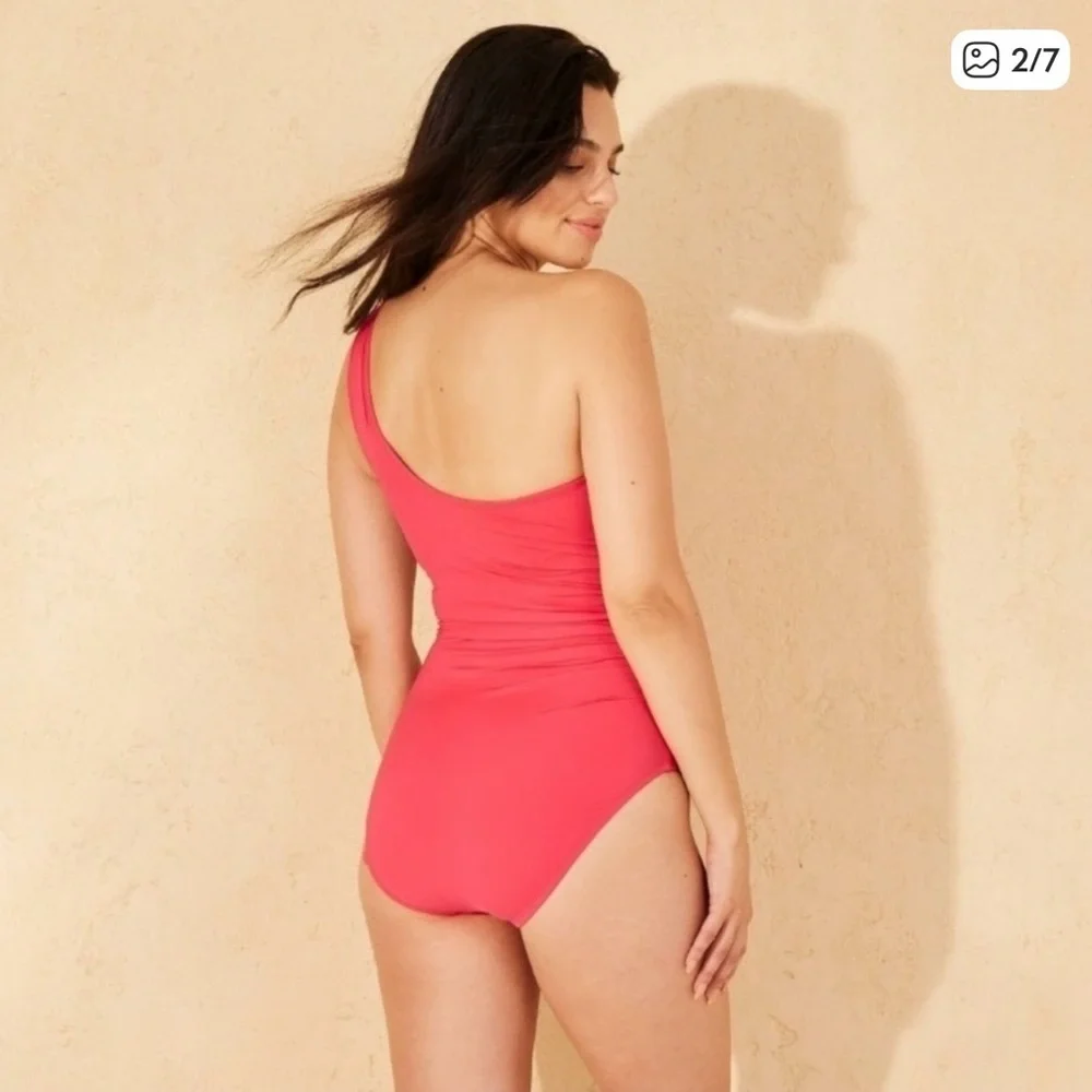 shade and shore one piece one shoulder red swimsuit
